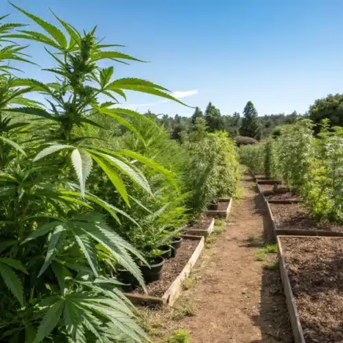 Bruce Banner Carmen cannabis plants in an outdoor grow setup, with tall, bushy growth under natural sunlight in raised garden beds
