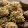 Dense Chocolate Fondue Weed Strain buds covered in frosty trichomes, displayed alongside dark chocolate pieces, emphasizing its rich aroma