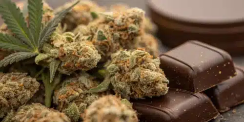 Dense Chocolate Fondue Weed Strain buds covered in frosty trichomes, displayed alongside dark chocolate pieces, emphasizing its rich aroma