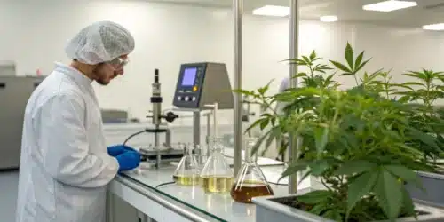 Realistic lab scene with advanced cannabis oil extraction equipment and a technician ensuring optimal oil production.