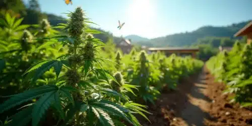 Thriving outdoor marijuana plants in a summer field with sunlight.