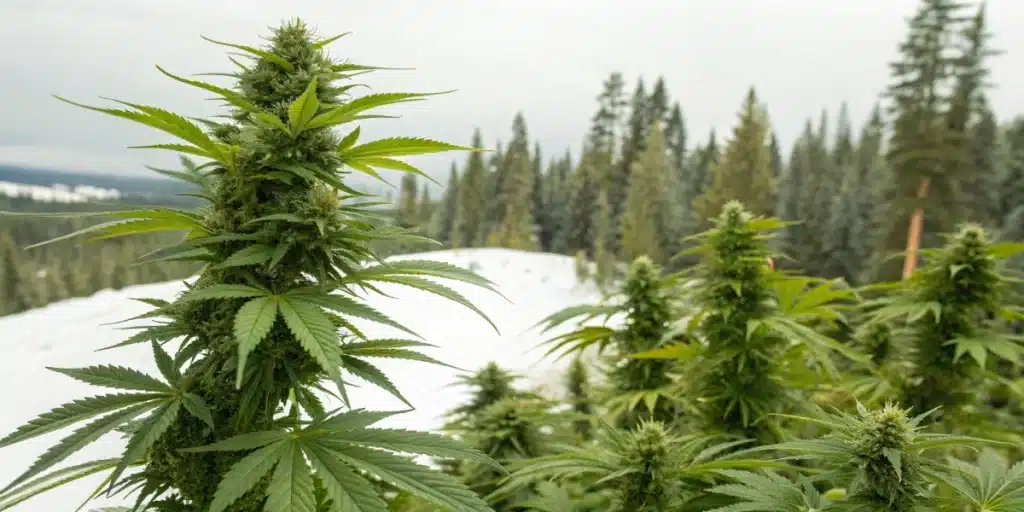 Infographic displaying top cannabis strains suited for cold climates with key frost resistance and yield statistics.