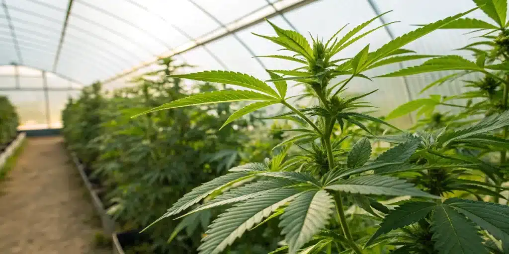 Close-up view of cannabis plants treated with organic pesticides for cannabis, emphasizing natural pest control and vibrant plant health.