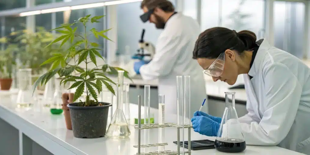 Laboratory scene with scientists analyzing organic pesticides for cannabis, highlighting quality control and research in natural pest management.