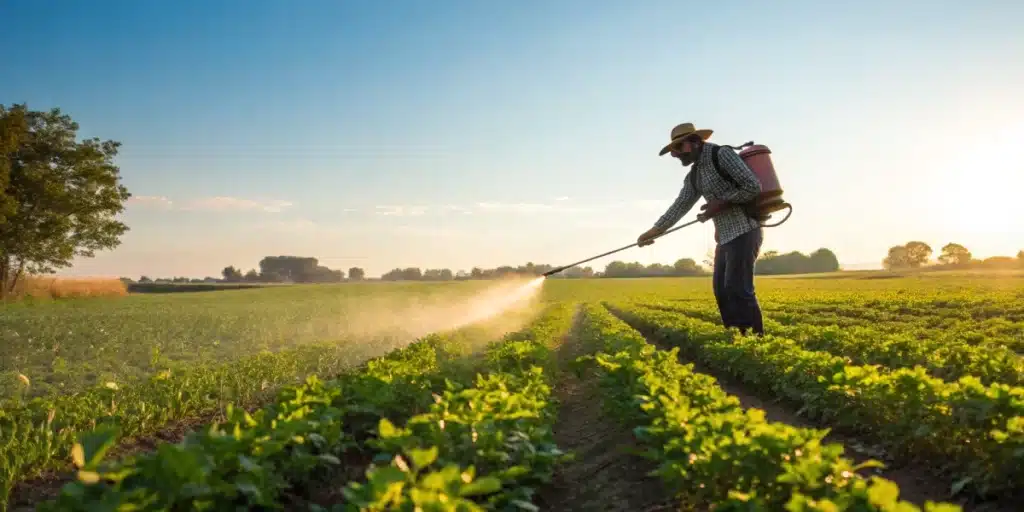 Farmer spraying organic pesticides for cannabis in a bright field, showcasing eco-friendly agricultural practices and healthy crop yield.