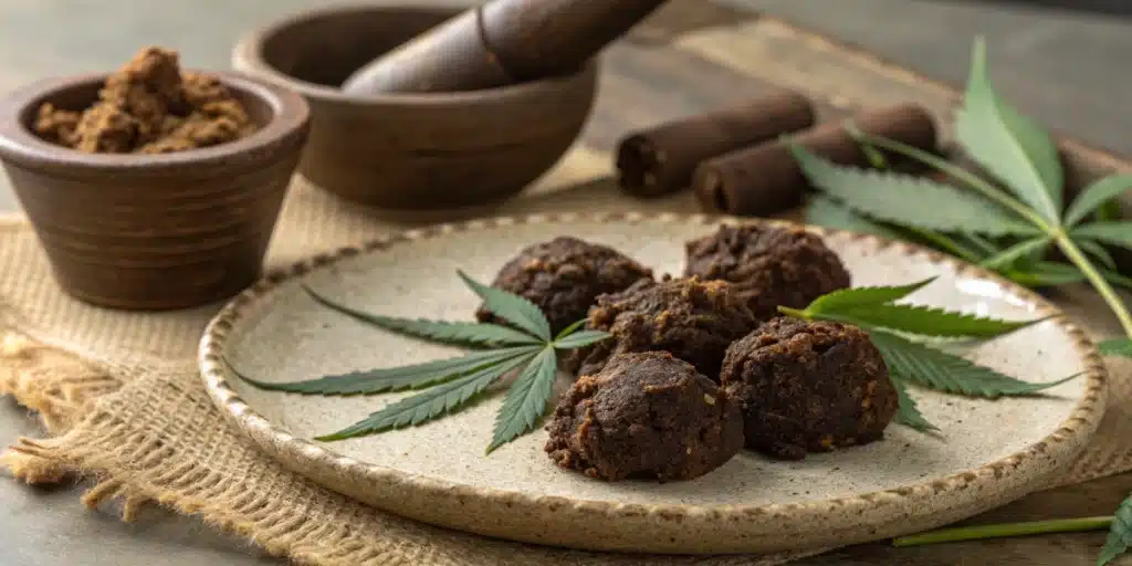Realistic photo of artisanal hash on a rustic plate with raw cannabis leaves and traditional hash-making tools in the background.