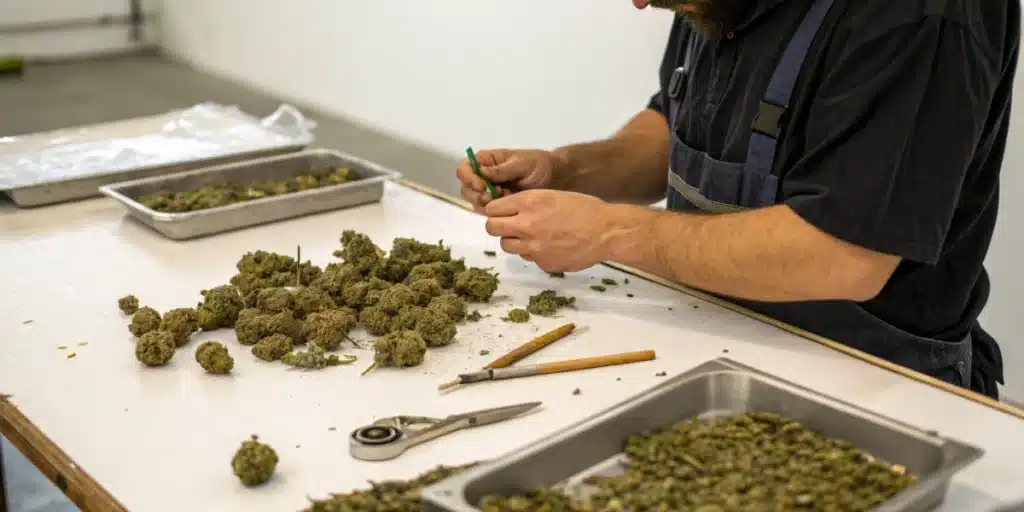 Realistic image of an artisan preparing cannabis buds with traditional tools to separate trichomes for hash making.
