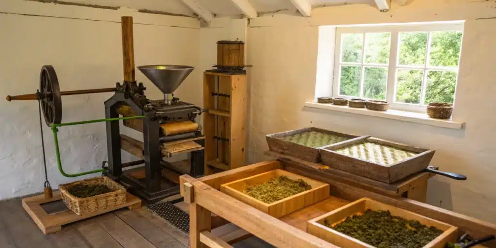 Realistic workshop scene featuring traditional hash-making equipment and visible cannabis resin during extraction.