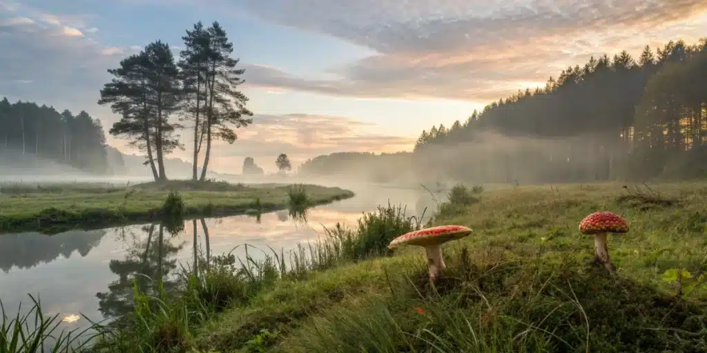 A group of mushrooms with red caps and white spots in a lush forest environment, illustrating the natural side of shrooms vs acid
