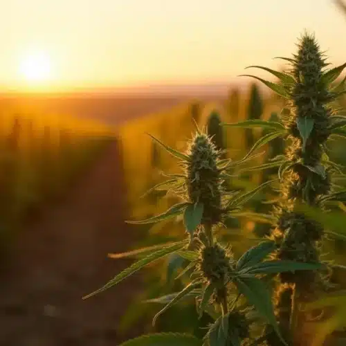 Dry farming cannabis plants thriving in rows under a golden sunset