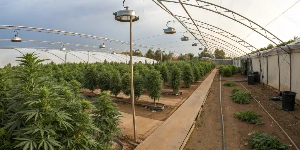 Panoramic view of an outdoor garden reflecting the process of switching from indoor to outdoor cannabis growing.