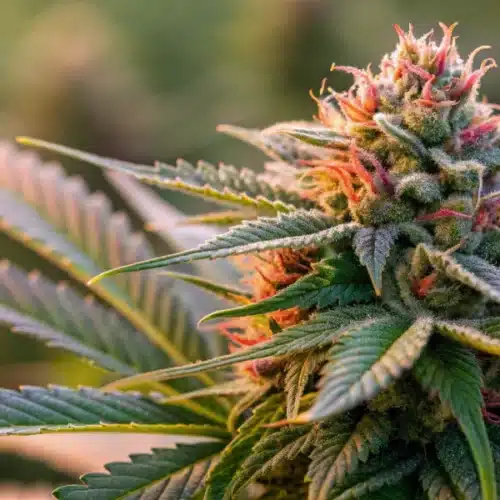 Realistic close-up of a cannabis bud displaying vivid trichomes and color variations that represent different terpenes.