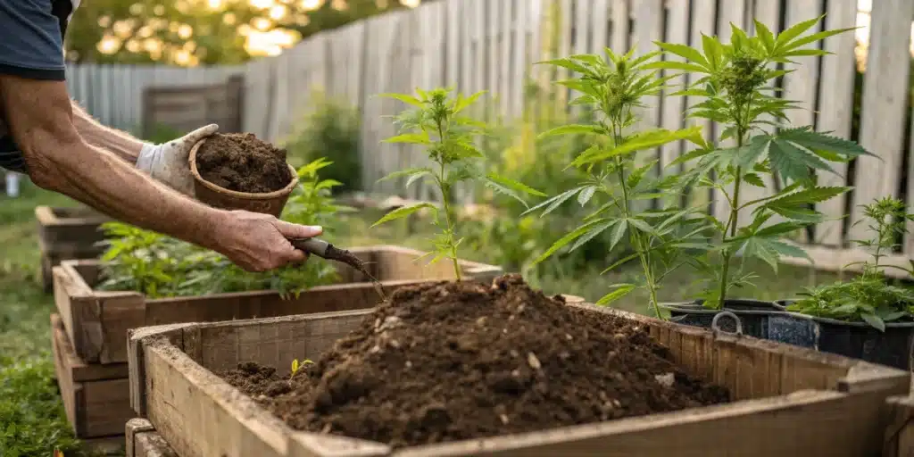 Gardener adding organic compost to raised wooden garden beds with young cannabis plants for optimal outdoor growth