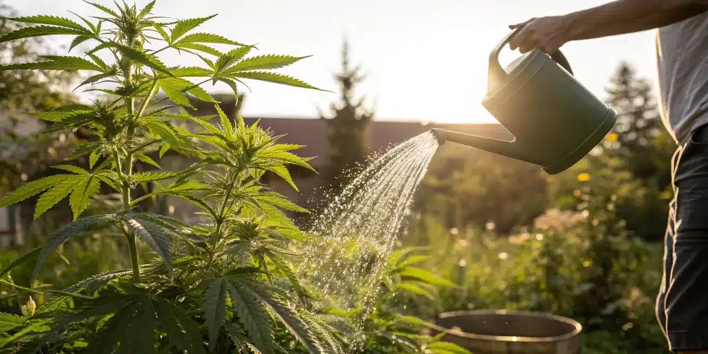 Gardener manually watering outdoor cannabis plants, demonstrating best practices on how often to water marijuana plant outside for healthy growth