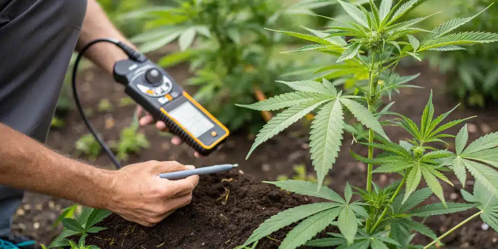Close-up view of a moisture meter in use for monitoring how often to water marijuana plant outside, ensuring proper soil hydration.