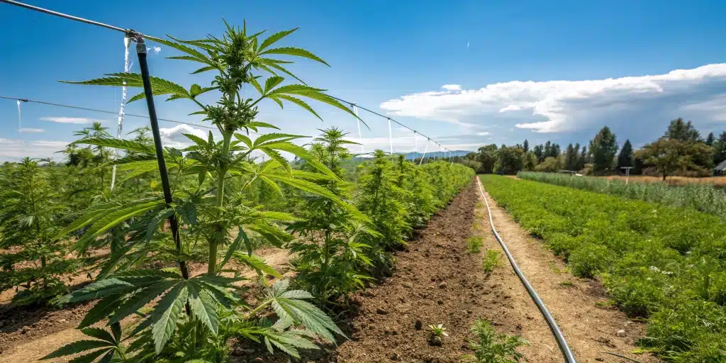 Outdoor cannabis garden showcasing how often to water marijuana plant outside using an efficient drip irrigation system for optimal growth.