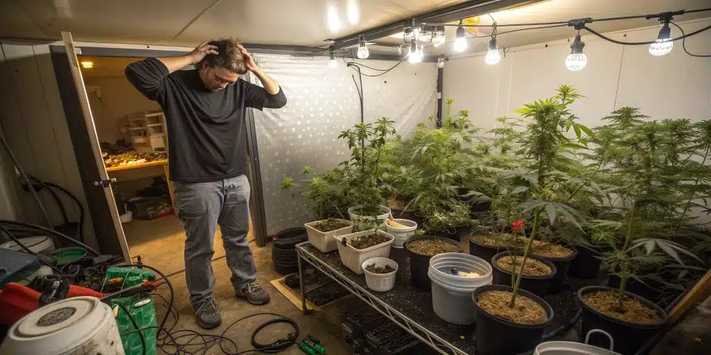 Overwhelmed beginner grower surrounded by high-maintenance cannabis plants known as worst strains for beginners.