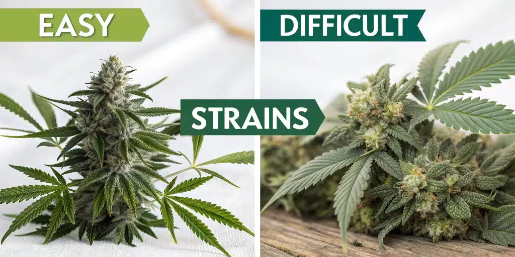 Infographic comparing easy versus high-risk cannabis strains, emphasizing worst strains for beginners with complex care needs.