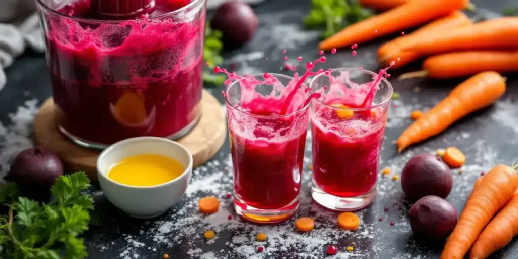Glasses of beetroot and carrot juice splashing on a dark table with fresh carrots and beets

