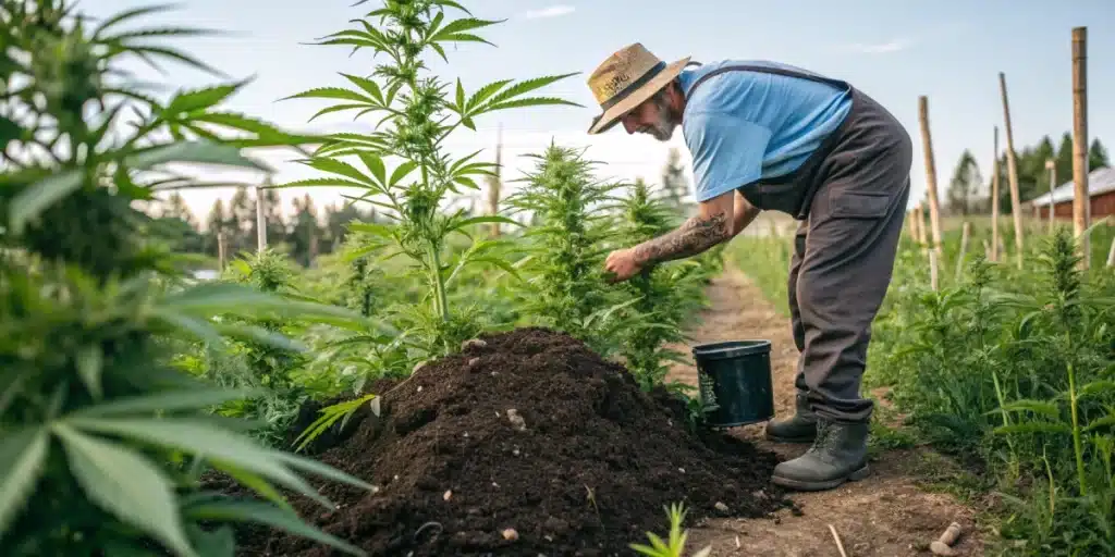 Farmer applying organic fertilizer to outdoor weed plants, enhancing soil quality for better growth and yield