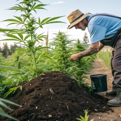 Farmer applying organic fertilizer to outdoor weed plants, enhancing soil quality for better growth and yield