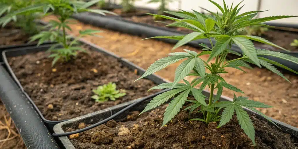 A small weed plant is displayed in a rectangular pot, highlighting the best outdoor grow setup weed in a greenhouse environment.