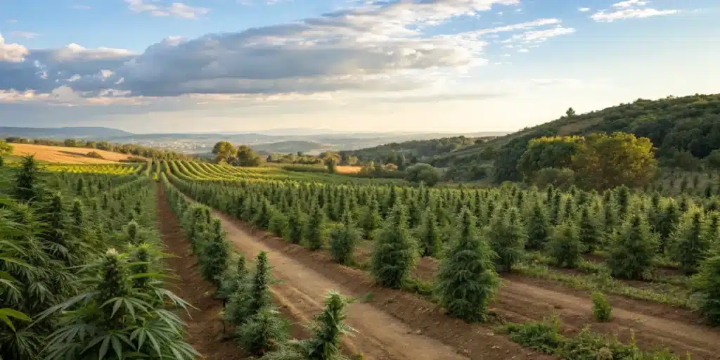 High yielding outdoor cannabis strains growing in expansive field

