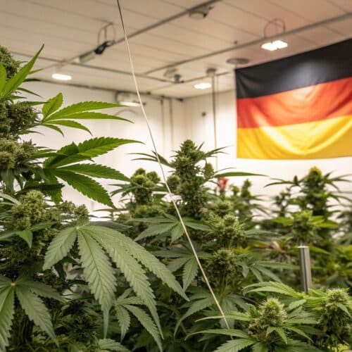 A controlled indoor cannabis grow room in Germany with lush green plants and national flags.