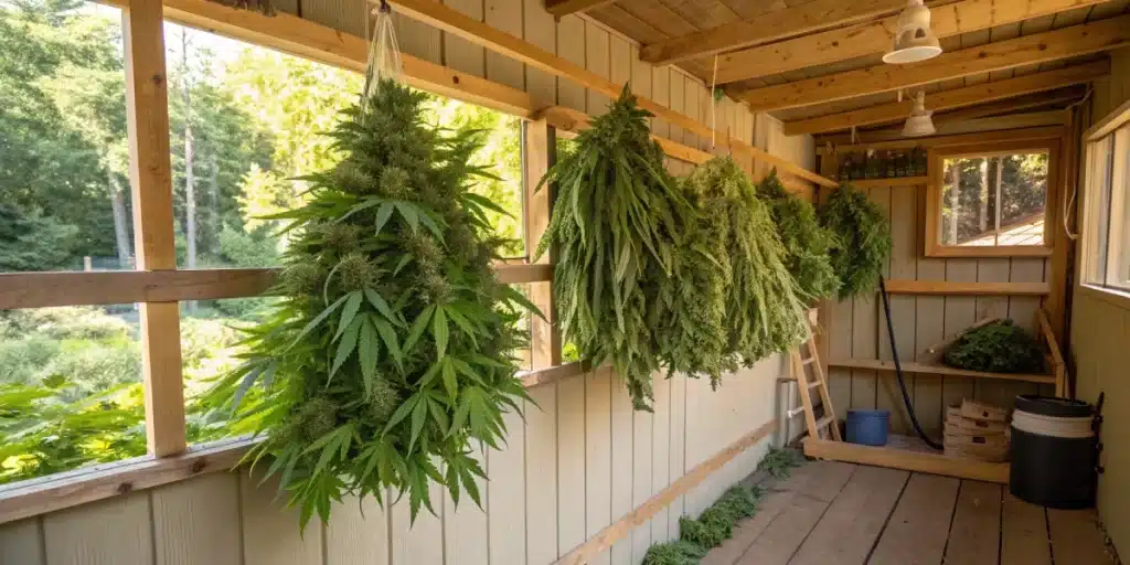 Freshly harvested outdoor cannabis plants hanging upside down in a wooden drying shed with natural sunlight filtering through.