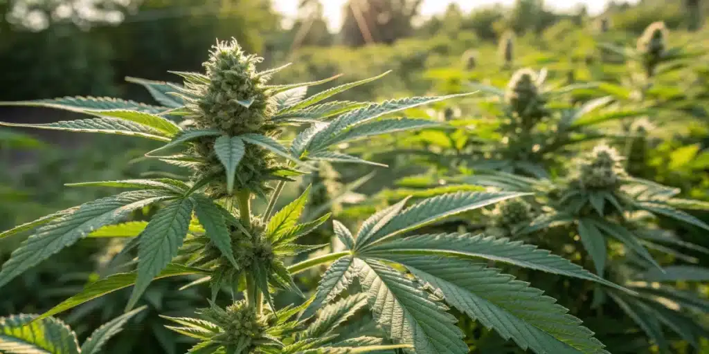 Gardener measuring potted autoflower plants under sunlight, demonstrating how to grow autoflower cannabis outside.