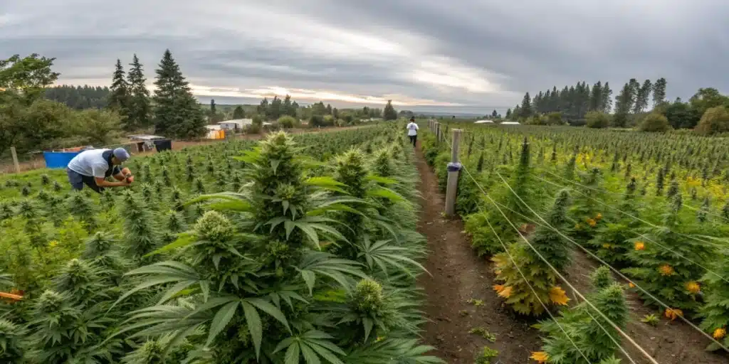 People working among tall, resinous autoflower plants, showing how to grow autoflower marijuana outside.