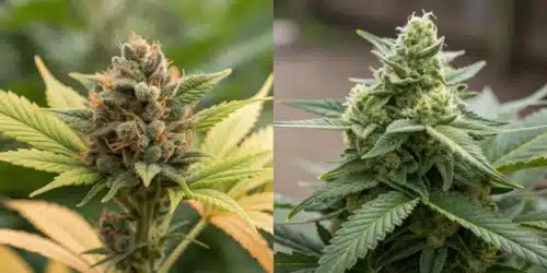 Comparative image showcasing potent indoor cannabis with thick resin versus naturally vibrant outdoor plants.