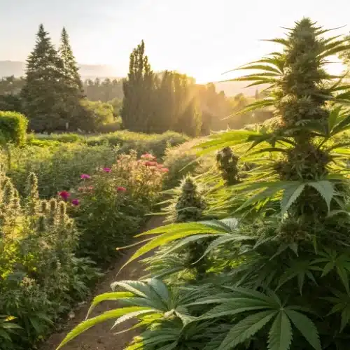 Outdoor cannabis flowering in a vibrant garden setting with full sun and lush blooms.