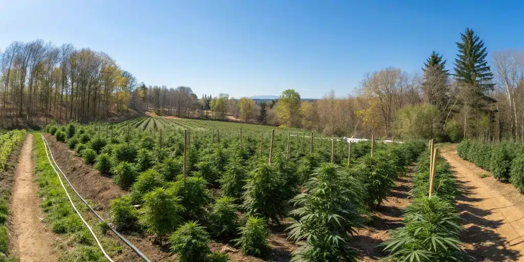 Outdoor cannabis garden in spring showing the best time to plant cannabis outdoors with vibrant, healthy plants.
