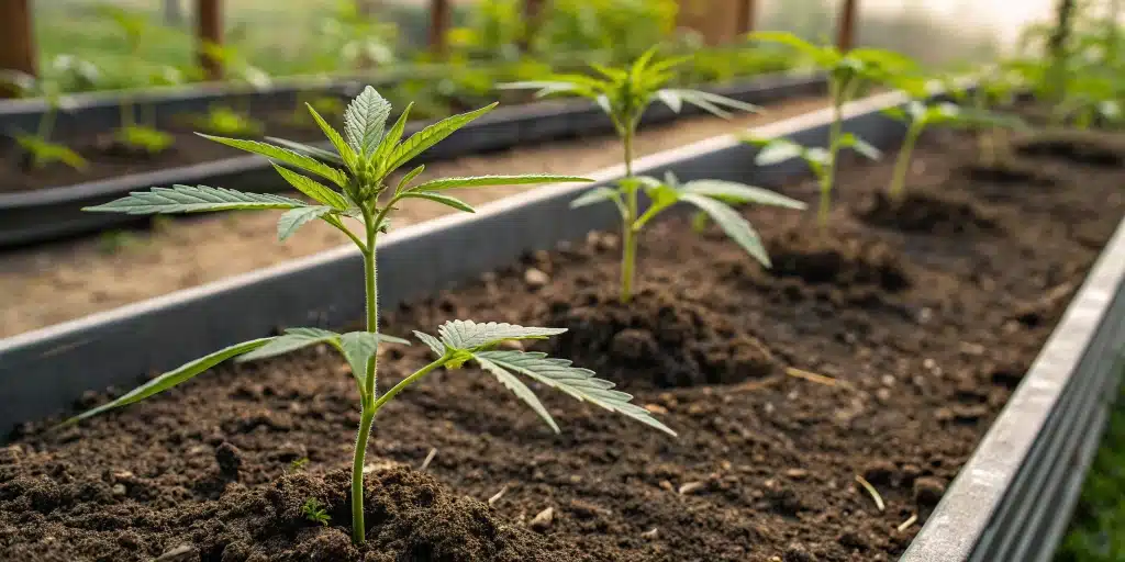 Close-up of cannabis seedlings in a garden bed, illustrating the best time to plant cannabis outdoors with optimal soil conditions.