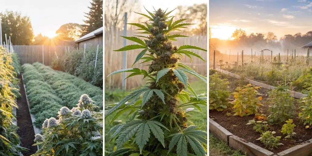 Seasonal collage highlighting the best time to plant cannabis outdoors with clear skies, frost-free weather, and robust plant growth.