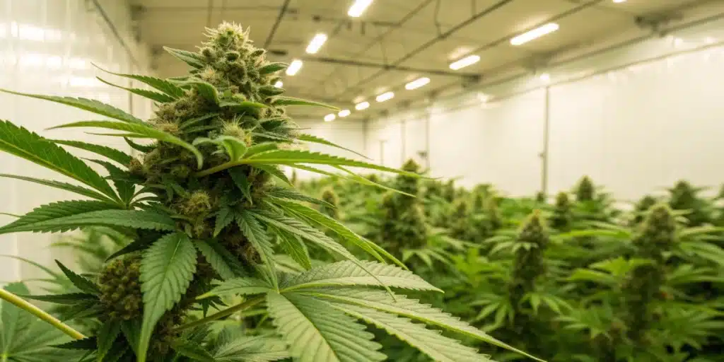 Realistic close-up of a cannabis plant in a controlled environment, highlighting dense trichomes as a potential source of THC-P.