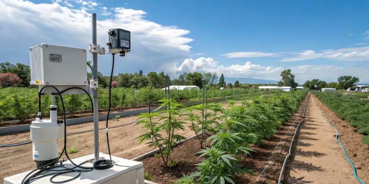 Automated irrigation and monitoring system in an outdoor cannabis farm, ensuring optimal soil and nutrient levels