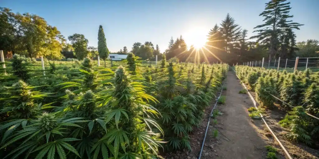 Tall plants bathed in sunlight, emphasizing topping outdoor weed for fuller canopies and robust development.