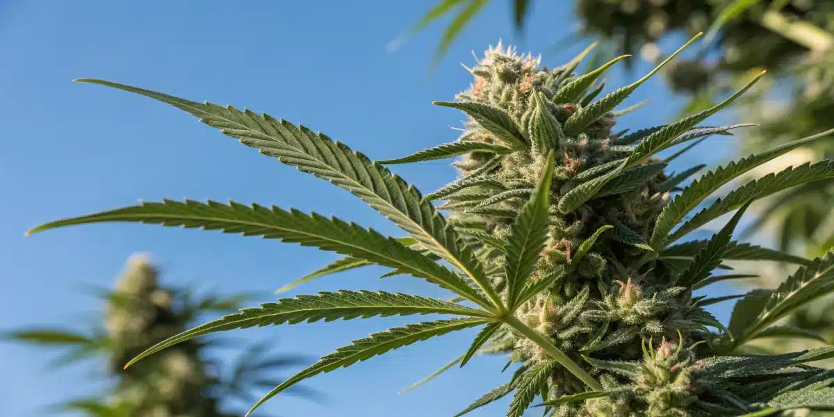 Close-up of a cannabis bud in full bloom outdoors in Ohio, covered in trichomes with vibrant green leaves against a blue sky