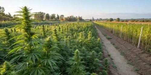 Outdoor cannabis farm in New York with tall flowering marijuana plants and a dirt path separating rows of crops under a clear sky.