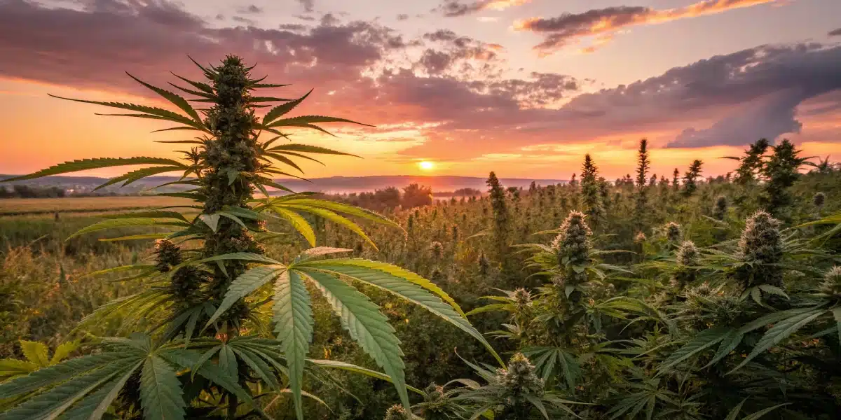 Cannabis field at sunset with mature flowering marijuana plants, golden sky, and rolling hills in the background.