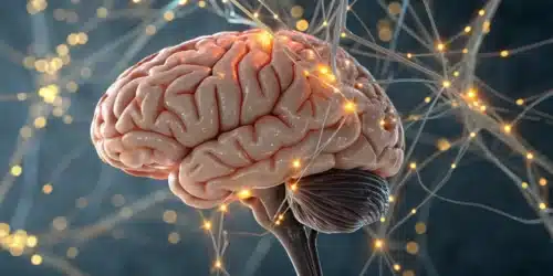 Realistic image of a human brain with molecular overlays illustrating what is anandamide and its role in mood regulation.