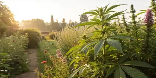 Fresh herbs and cannabis representing ashwagandha and thc in a natural setting.