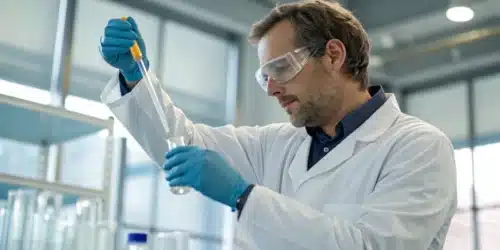 Realistic lab scene showing a scientist examining a CBC Cannabinoid vial with advanced analytical instruments.