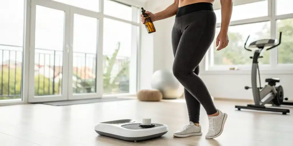 Realistic image of a person checking their weight while using CBD oil, illustrating how CBD can help with weight loss.