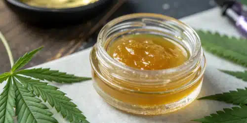 Golden CBD concentrate in a glass jar surrounded by green cannabis leaves on a white surface.