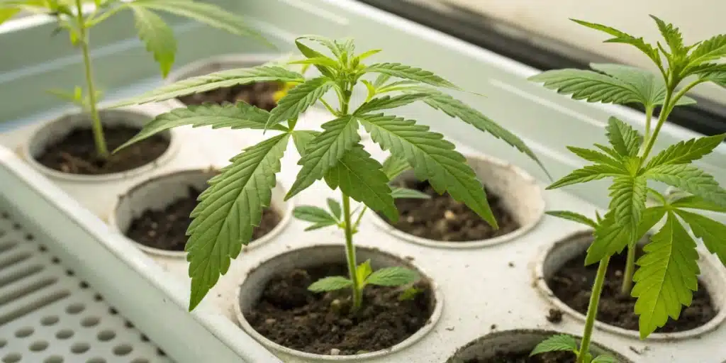Realistic close-up of cannabis clones with emerging roots in a propagation tray.
