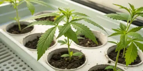 Realistic close-up of cannabis clones with emerging roots in a propagation tray.