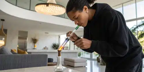 Realistic image of a person dabbing concentrate using a modern rig, demonstrating proper technique for effective concentrate use.